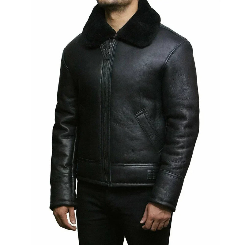 Men’s Sheepskin Fur Shearling Black Leather Jacket