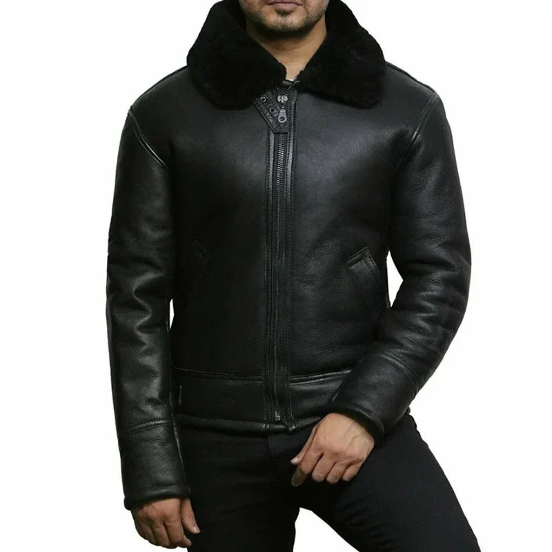 Men’s Sheepskin Fur Shearling Black Leather Jacket