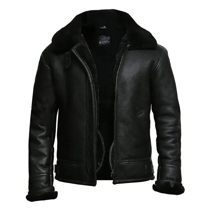 Men’s Sheepskin Fur Shearling Black Leather Jacket