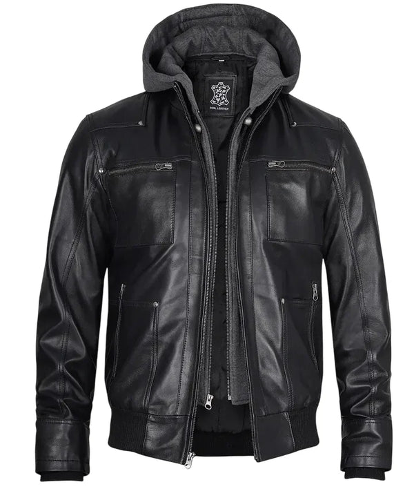 Mens Black Leather Bomber Jacket with Removable Hood