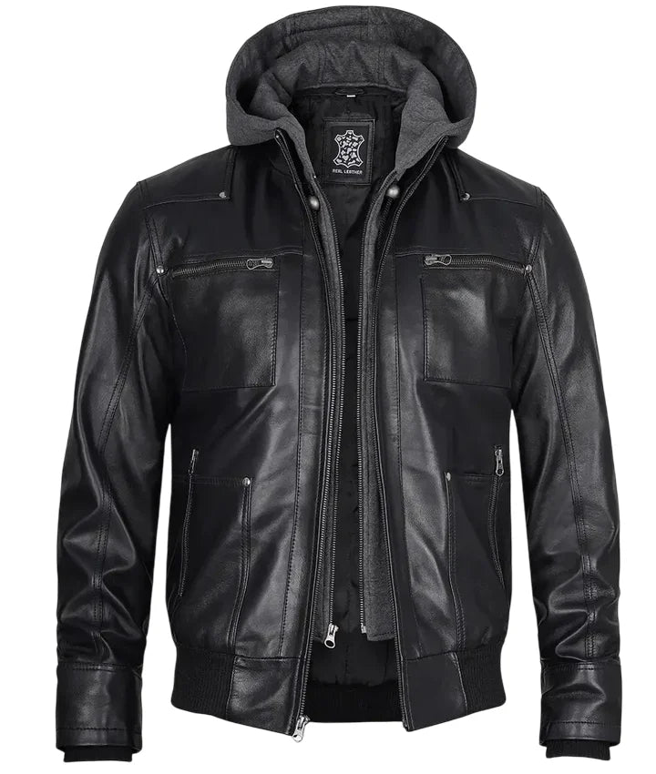 Mens Black Leather Bomber Jacket with Removable Hood