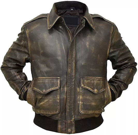 A2 Distressed Aviator Bomber Brown Leather Jacket