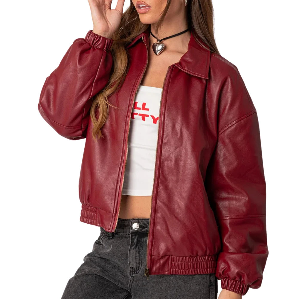 Mary Maroon Bomber Leather Jacket