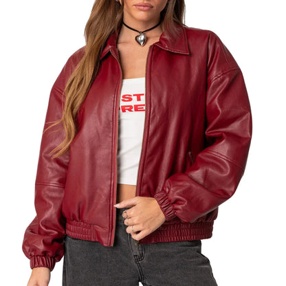 Mary Maroon Bomber Leather Jacket