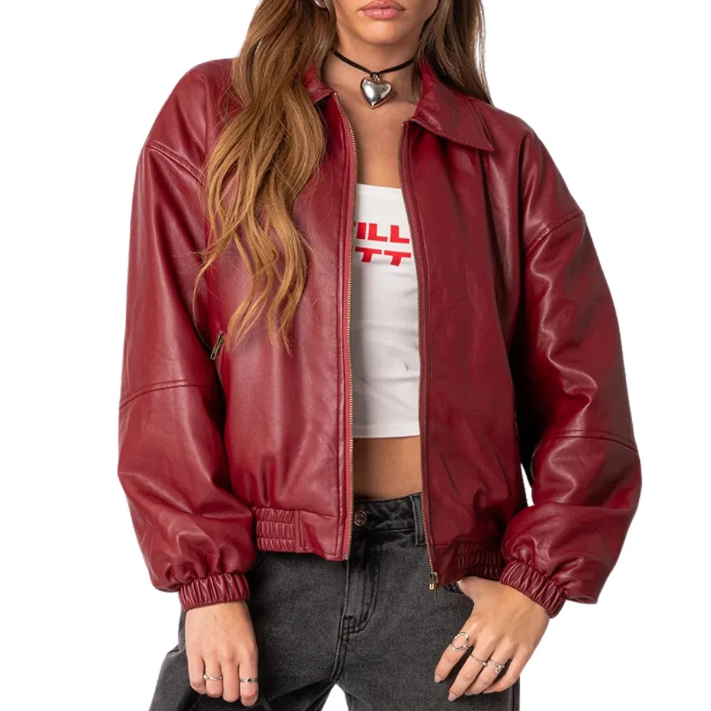 Mary Maroon Bomber Leather Jacket