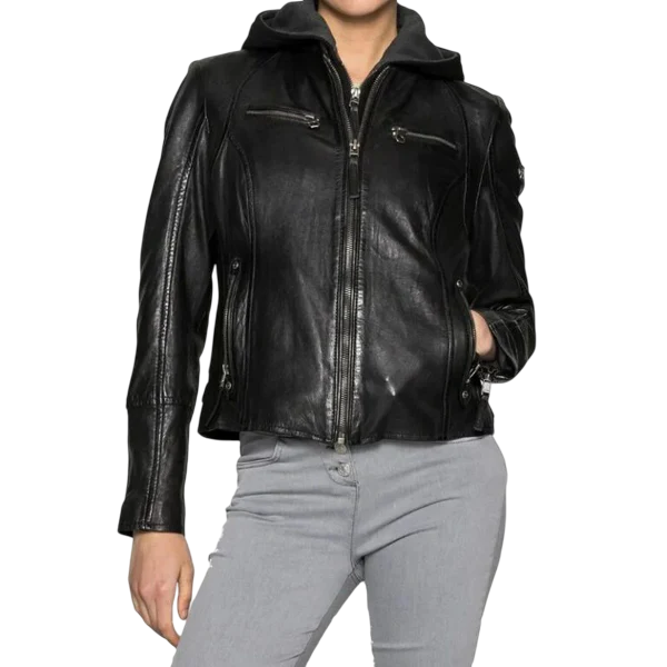 Womens Black Cafe Racer Jacket with Detachable Hood