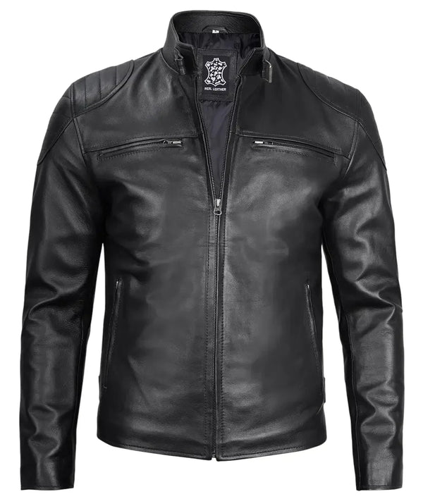 Mens Black Lambskin Leather Cafe Racer Jacket