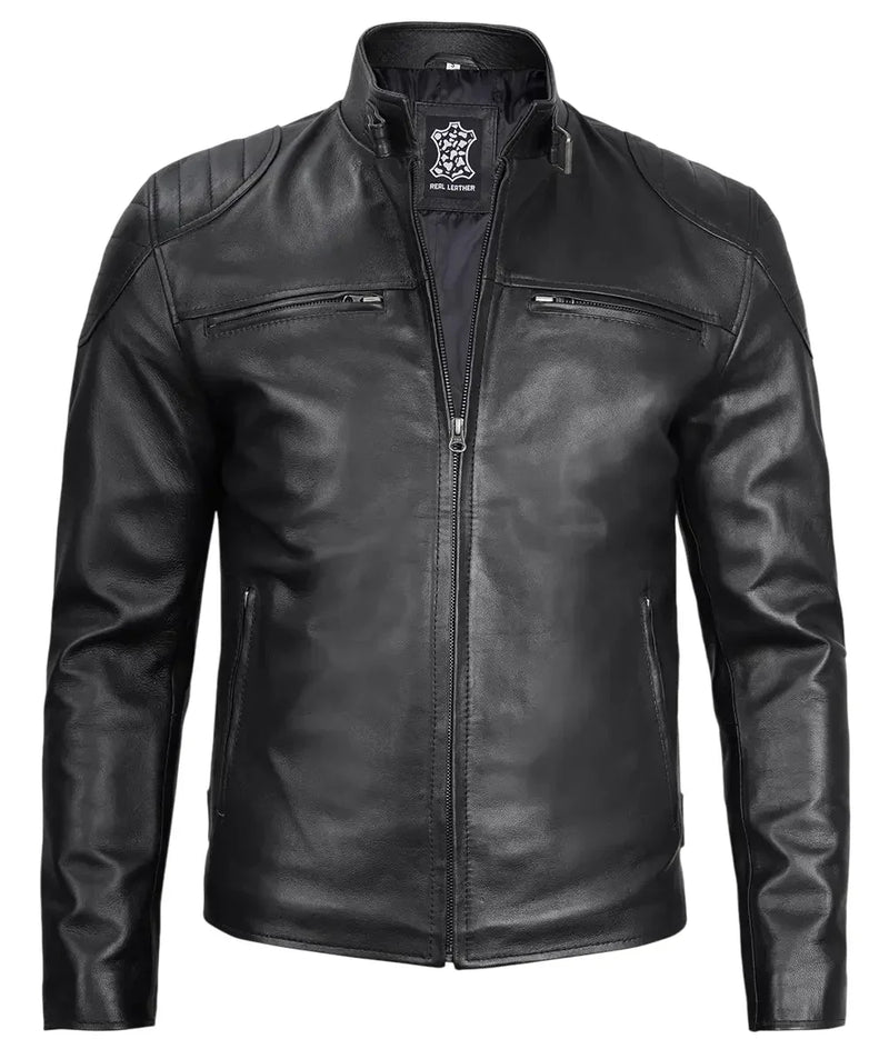 Mens Black Lambskin Leather Cafe Racer Jacket
