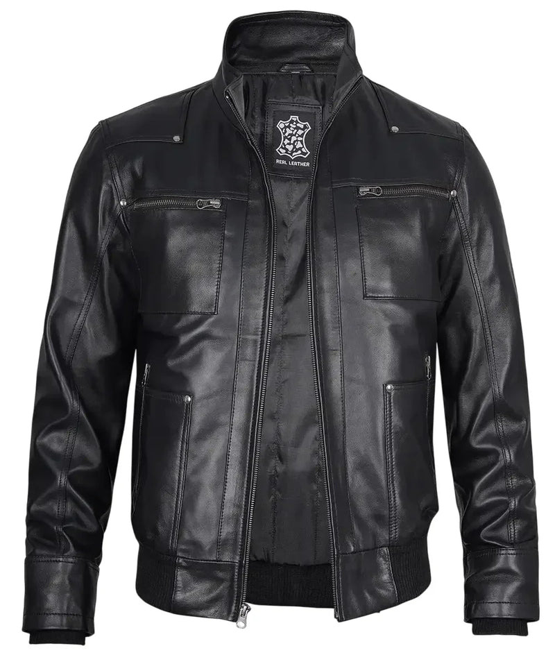 Mens Black Leather Bomber Jacket with Removable Hood