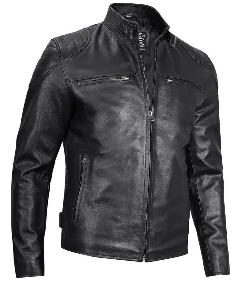 Mens Black Lambskin Leather Cafe Racer Jacket
