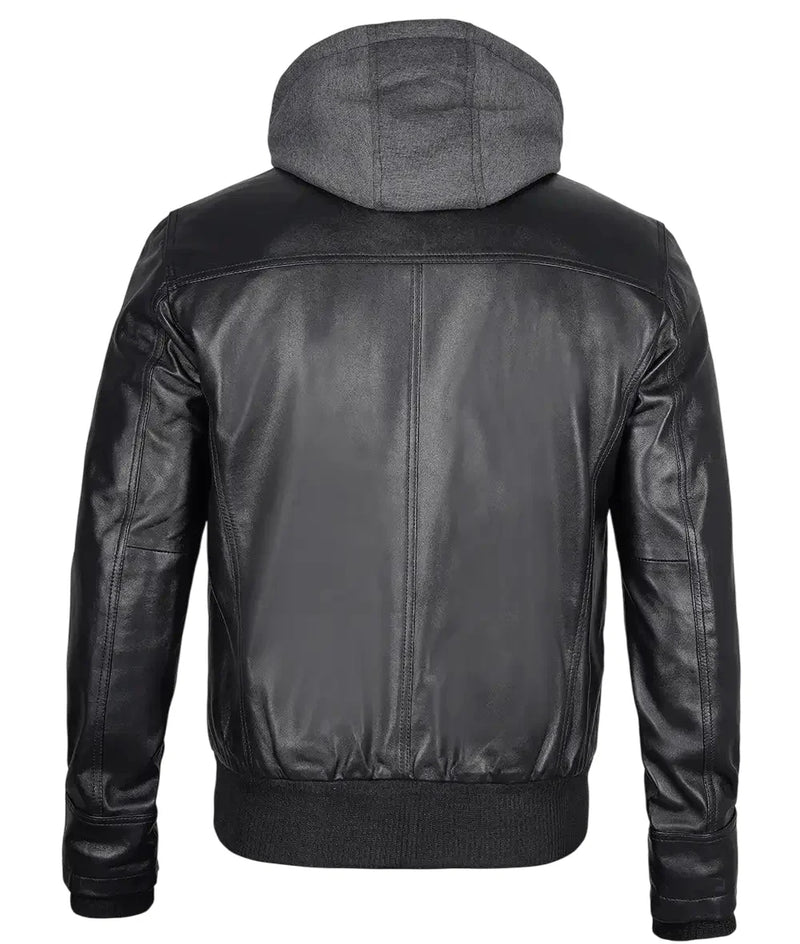 Mens Black Leather Bomber Jacket with Removable Hood