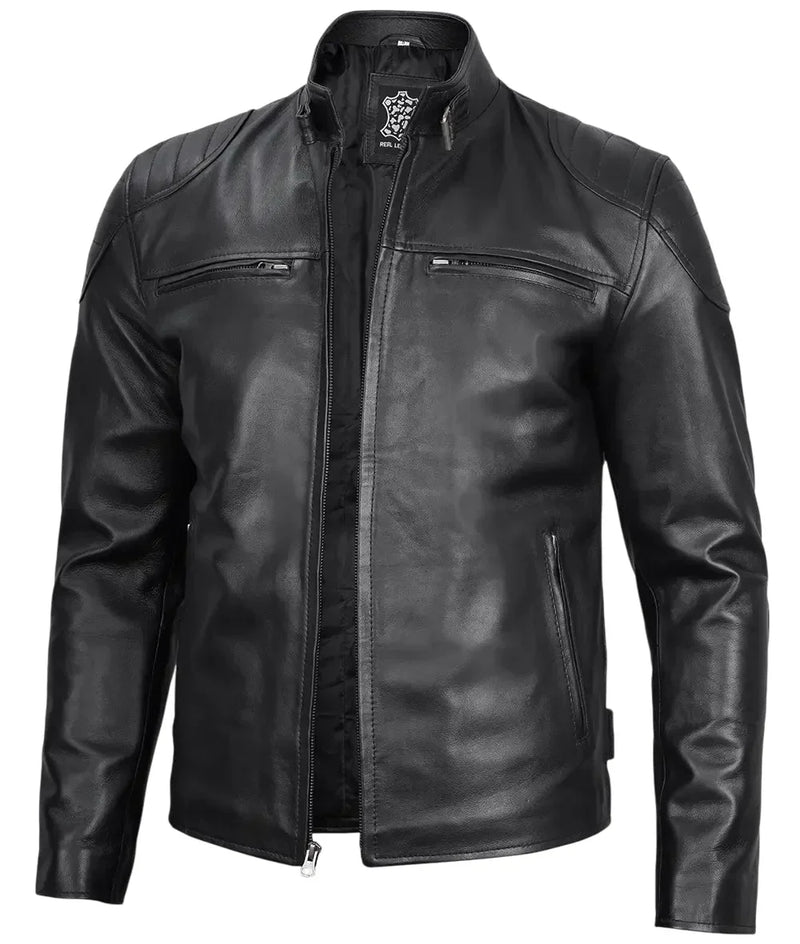 Mens Black Lambskin Leather Cafe Racer Jacket