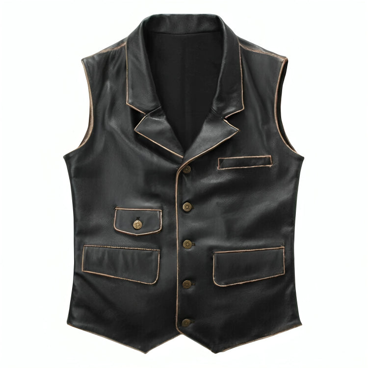 Mens Black Motorcycle Leather Distress Vest