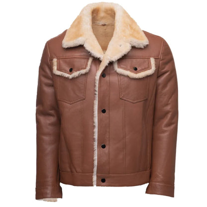 Brown Shearling Leather Trucker Jacket Mens