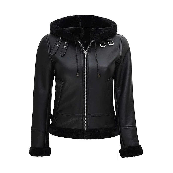 Black Bomber Womens Jacket With Fur Hood