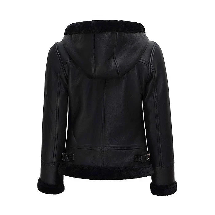 Black Bomber Womens Jacket With Fur Hood