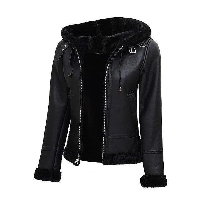 Black Bomber Womens Jacket With Fur Hood